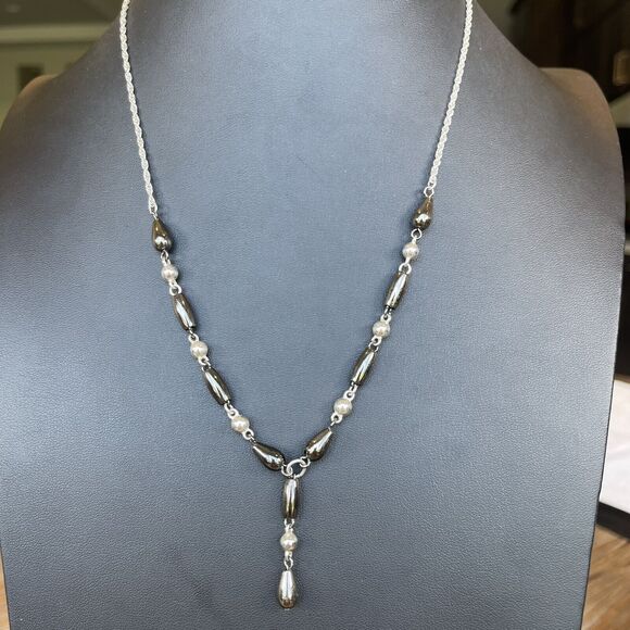 Premier Designs Silver Tone Gray Hematite Bead Y Drop Style Fashion Necklace - Picture 1 of 4